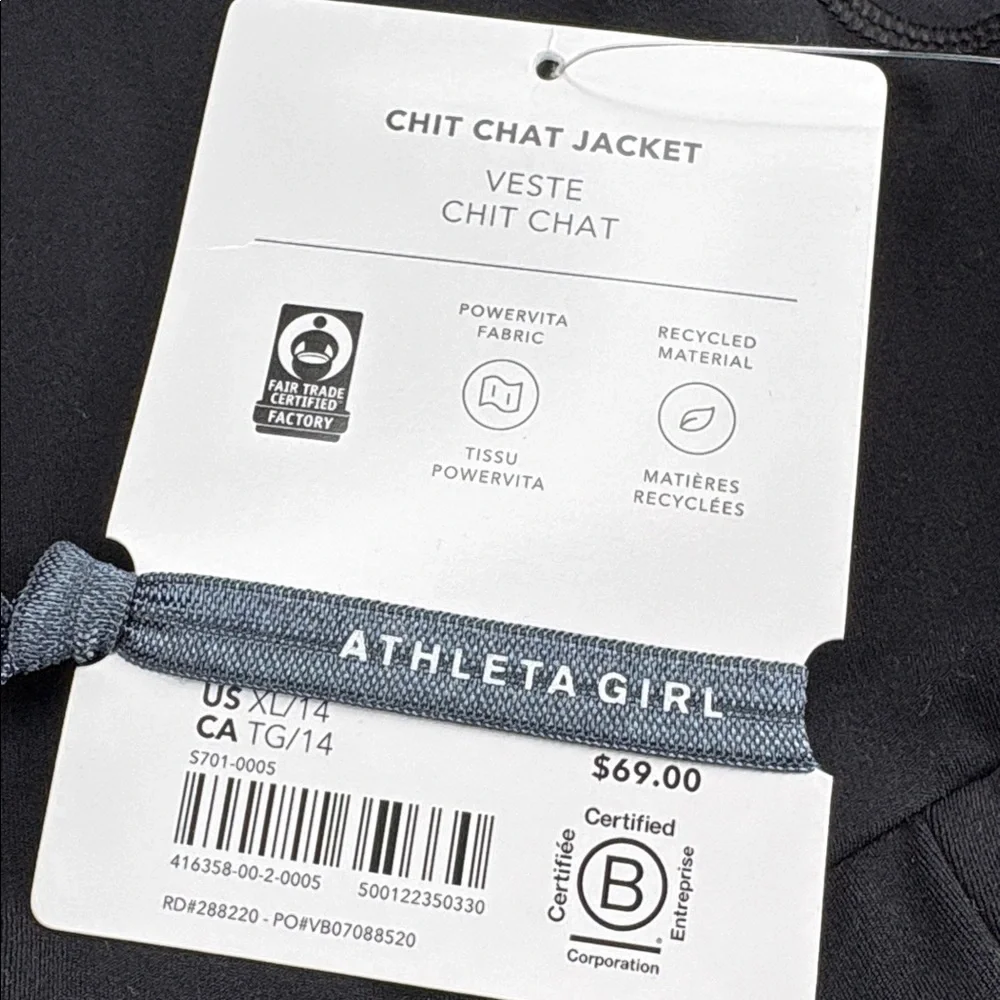 NWT Athleta Girl Chit Chat Black Jacket Sz 14.